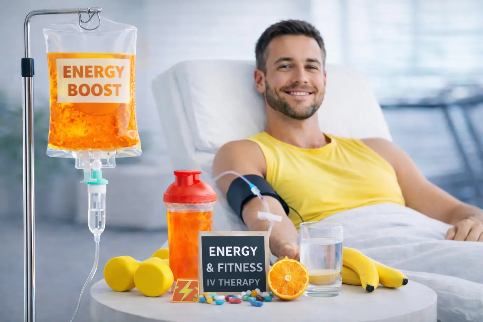 A person receiving an energy boost & fitness IV therapy in Dubai