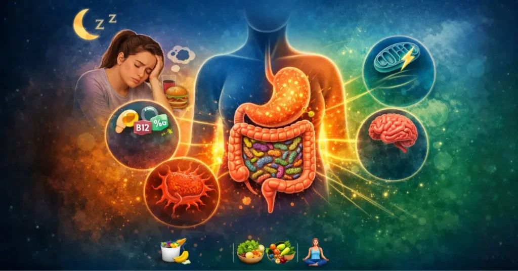 Illustration of gut microbiome and its impact on energy levels