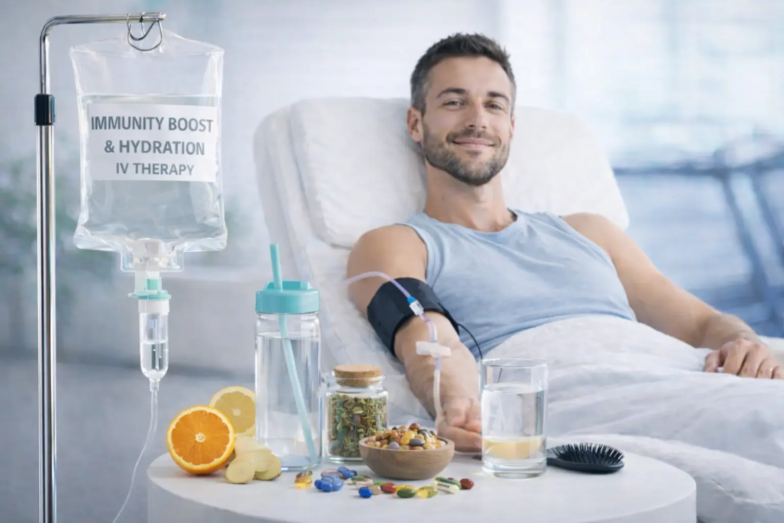 A person receiving Immunity Booster and Hydration IV Therapy in Dubai