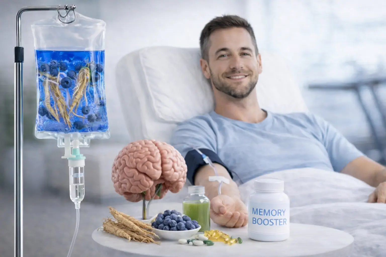 A person receiving memory booster IV therapy in Dubai
