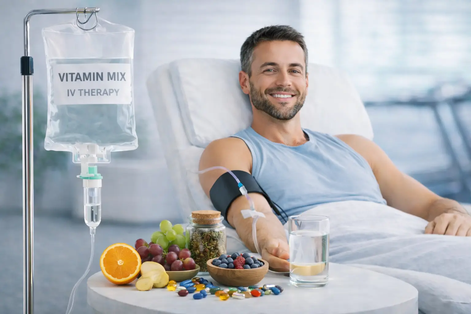 A person receiving vitamin mix IV therapy in Dubai