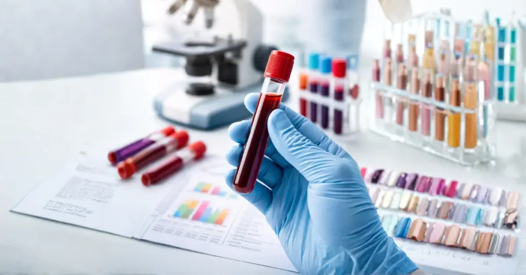Close-up of a gloved hand holding a blood sample tube in a laboratory setting with blurred medical equipment in the background