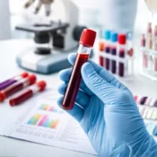 Close-up of a gloved hand holding a blood sample tube in a laboratory setting with blurred medical equipment in the background