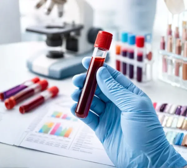 Close-up of a gloved hand holding a blood sample tube in a laboratory setting with blurred medical equipment in the background