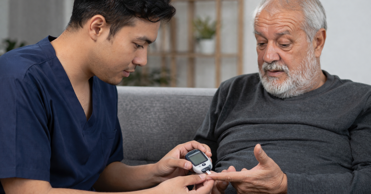 Low blood sugar significantly increases fall risk in older adults, making professional supervision an important part of daily senior diabetes care.