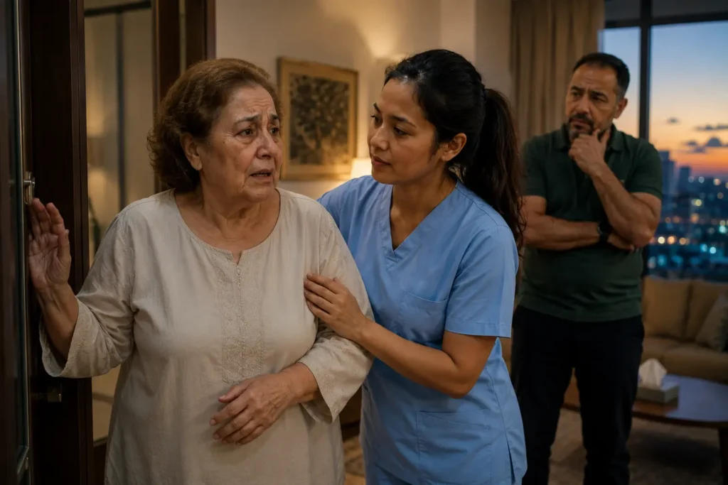 Professional dementia home care nurse managing sundowning symptoms, late-day anxiety, and wandering behavior in an elderly patient.