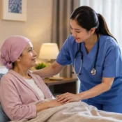 Caregiver supporting a cancer patient at home during treatment, showing comfort and emotional care in a calm home environment.