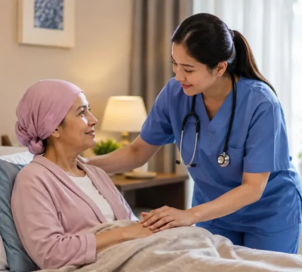 Caregiver supporting a cancer patient at home during treatment, showing comfort and emotional care in a calm home environment.