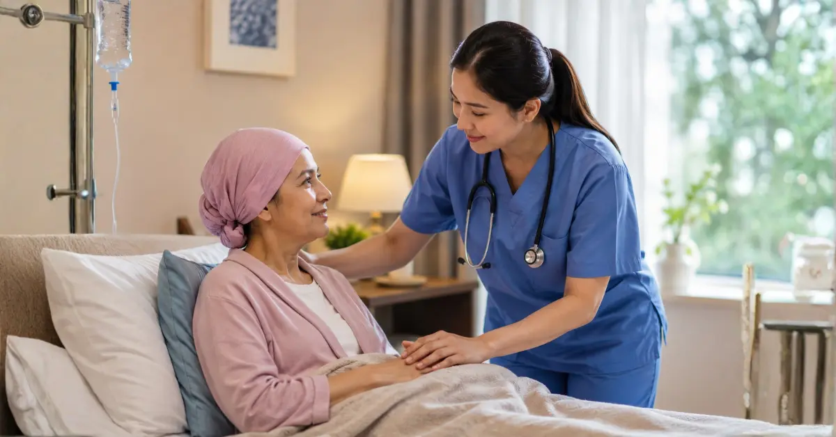 Caregiver supporting a cancer patient at home during treatment, showing comfort and emotional care in a calm home environment.