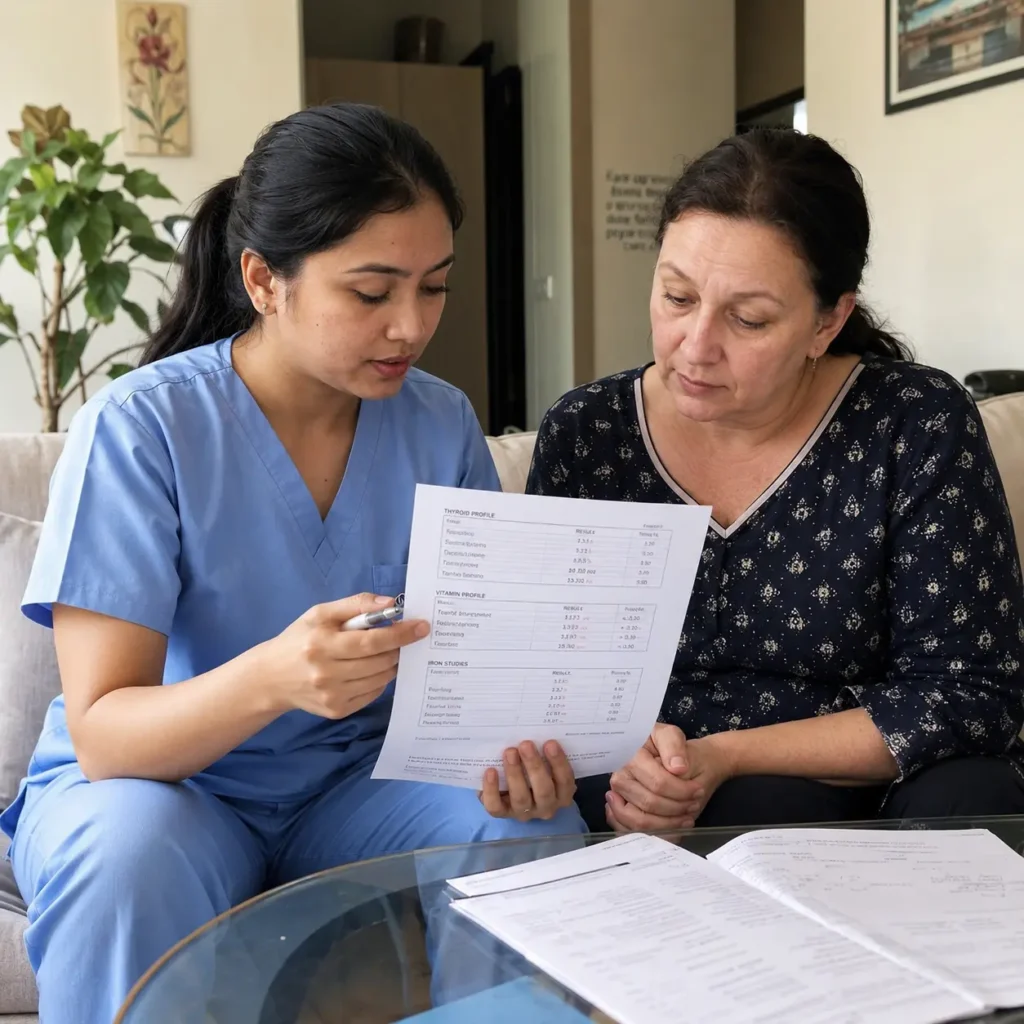 Home healthcare consultation in Dubai for blood test result interpretation, thyroid imbalance, vitamin deficiency, anaemia screening, preventive health monitoring, and laboratory follow-up guidance by licensed nurse.