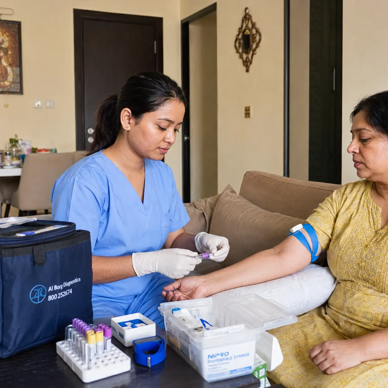Professional home blood collection service in Dubai by DHA licensed Nepali nurse for preventive health screening, CBC, thyroid profile, diabetes test, vitamin deficiency check, and full body blood test at home.