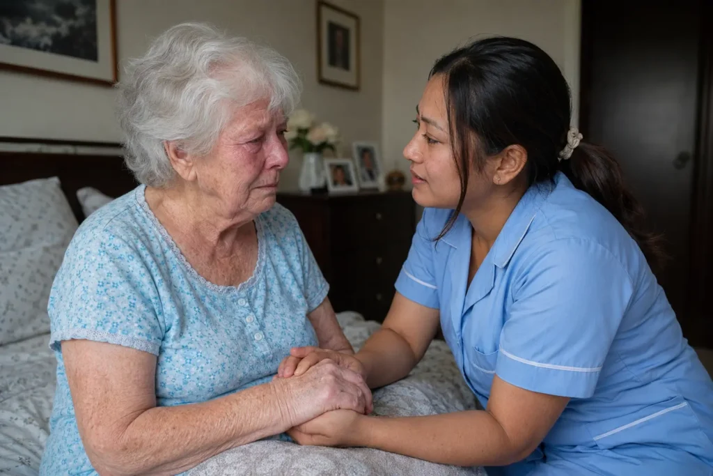 Home nursing care management for elderly Alzheimer's patients, focusing on medication adherence, fluid intake, and nutritional support.