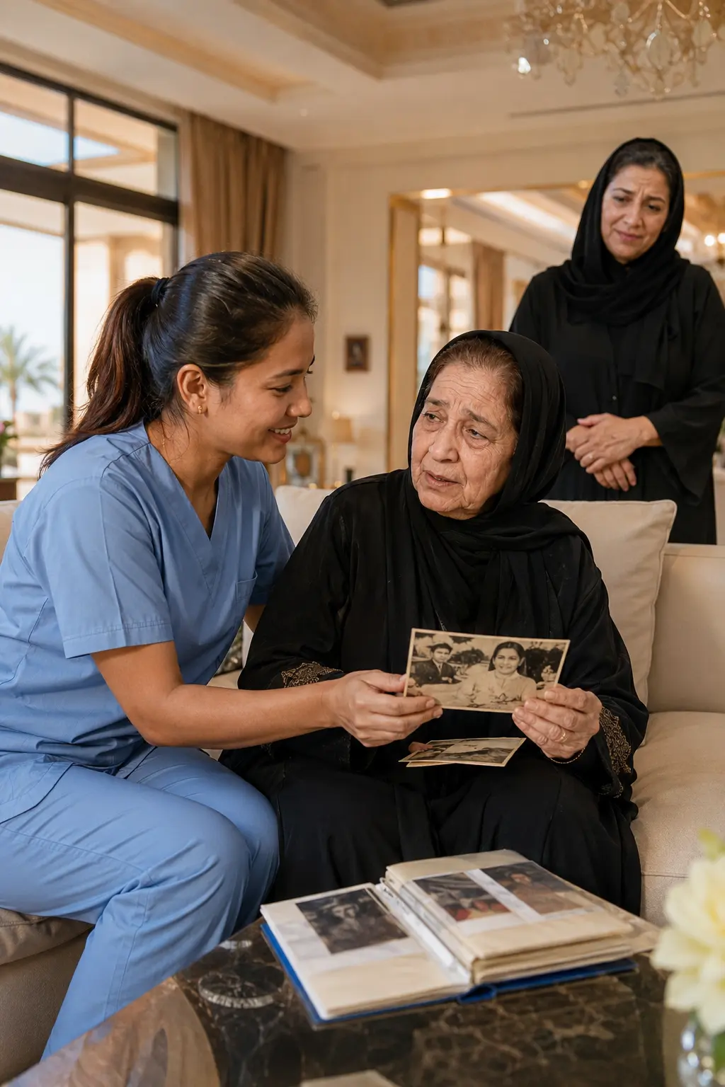 DHA-licensed home care nurse conducting cognitive stimulation and memory recall exercises for a dementia patient at home in Dubai.