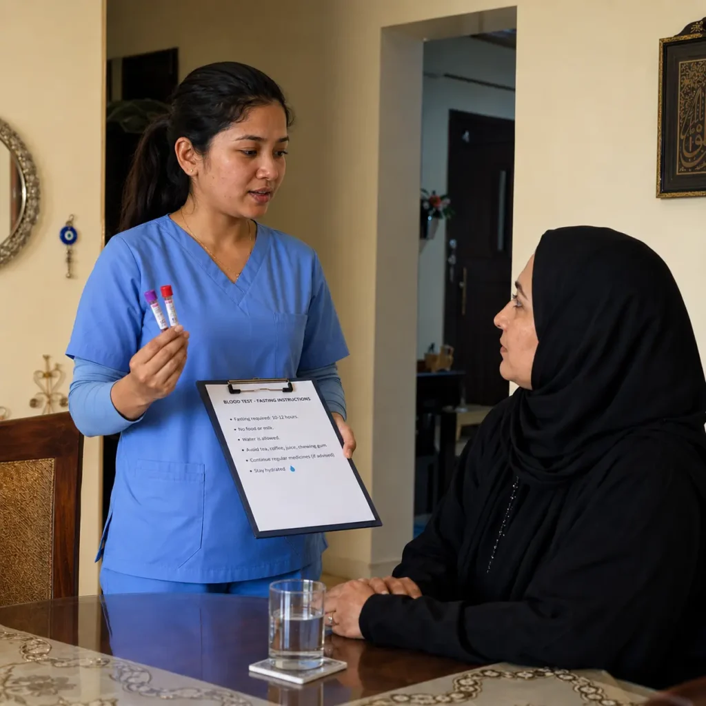 Home fasting blood test preparation service in Dubai with DHA licensed nurse guidance for lipid profile, fasting glucose, liver function test, kidney function test, hydration instructions, and preventive healthcare monitoring.