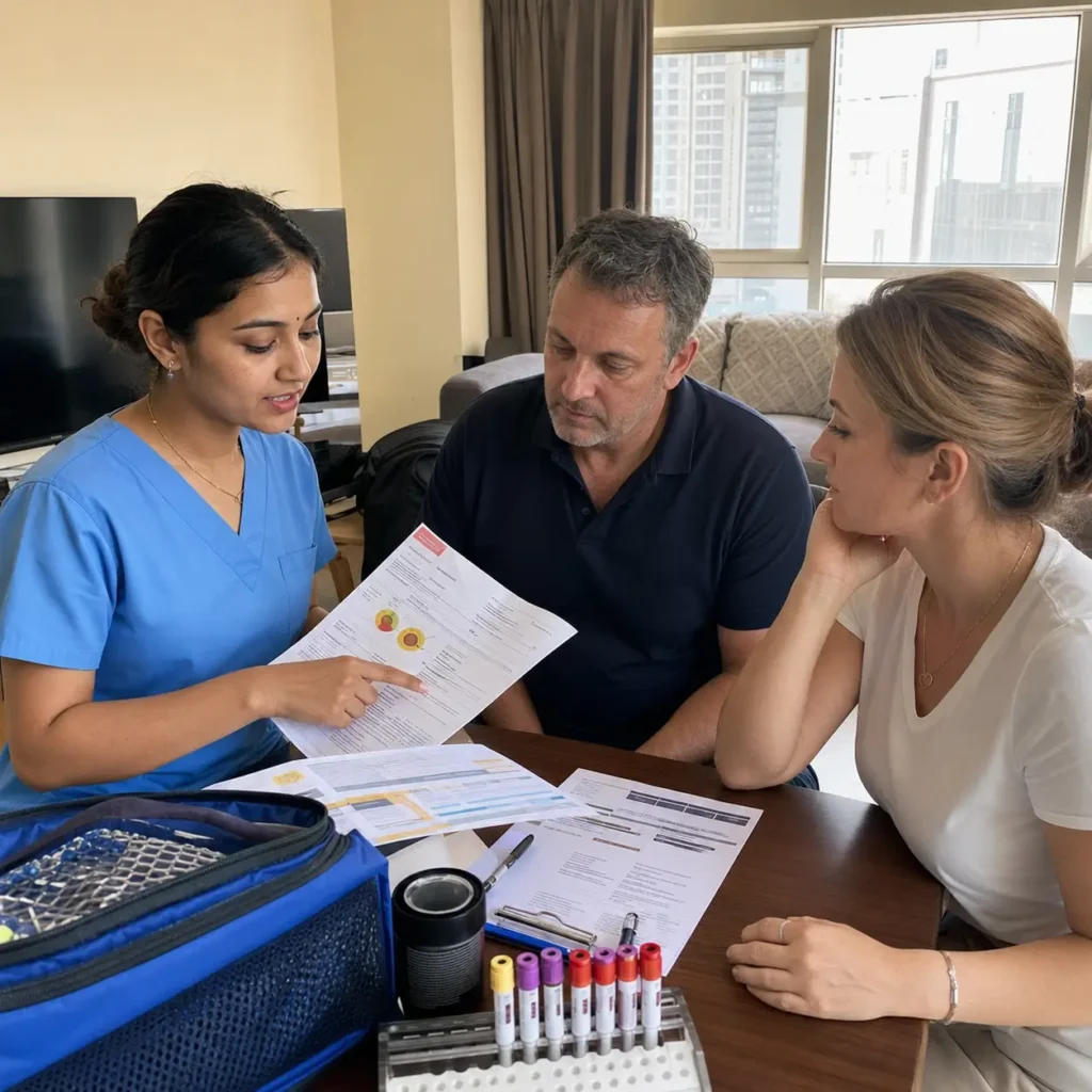 Comprehensive blood test packages in Dubai including diabetes screening, cholesterol test, thyroid profile, vitamin D, vitamin B12, kidney function, liver function, and preventive diagnostic health check at home.