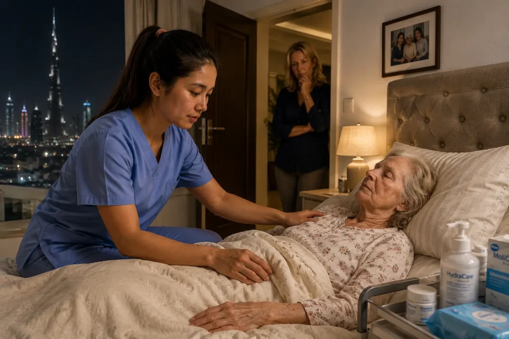 24/7 overnight home nursing care for bedbound, late-stage Alzheimer's patients requiring continuous clinical monitoring and safety management.