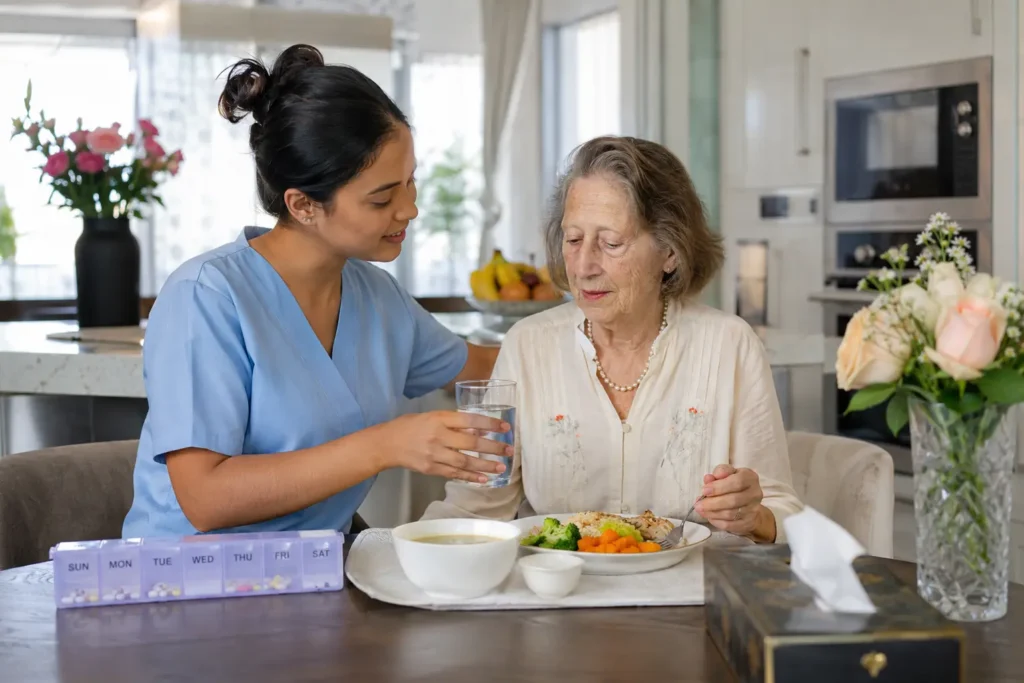 Home nursing care management for elderly Alzheimer's patients, focusing on medication adherence, fluid intake, and nutritional support.