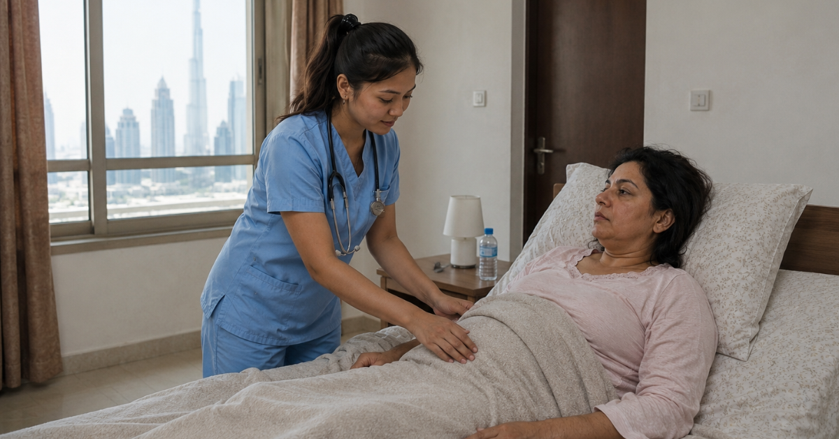 Comprehensive home nursing skin assessment and wound care management for bedridden patients, including pressure injury prevention, diabetic wound monitoring, moisture-associated skin damage evaluation, and professional in-home patient care in Dubai.