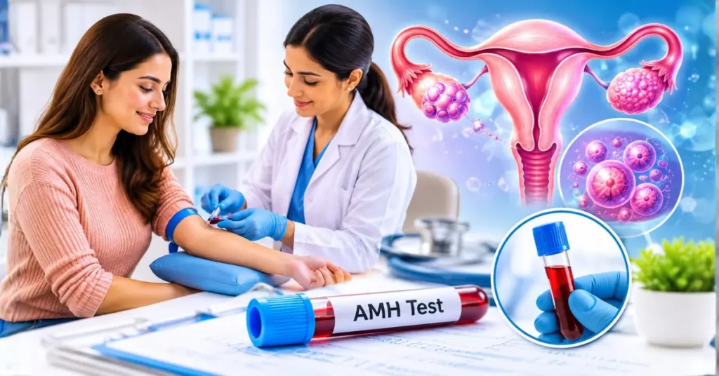 Woman consulting a fertility specialist about an AMH test, with a blood sample tube and ovarian reserve illustration representing fertility assessment and reproductive health