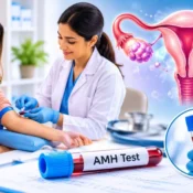 Woman consulting a fertility specialist about an AMH test, with a blood sample tube and ovarian reserve illustration representing fertility assessment and reproductive health