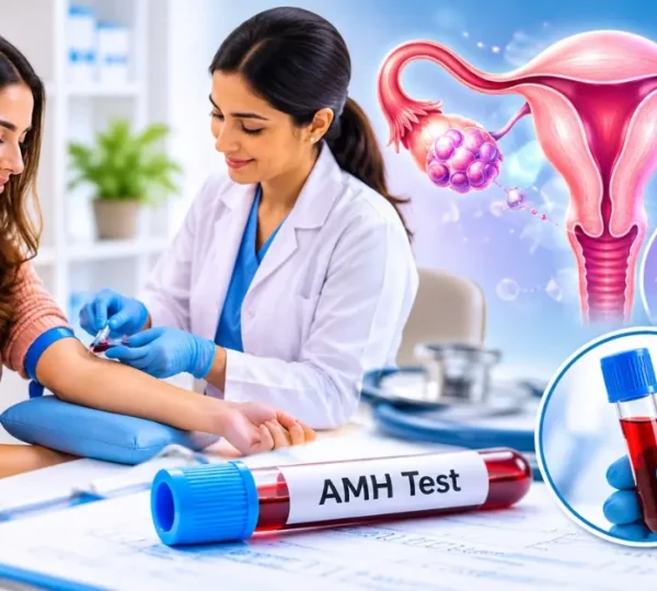 Woman consulting a fertility specialist about an AMH test, with a blood sample tube and ovarian reserve illustration representing fertility assessment and reproductive health