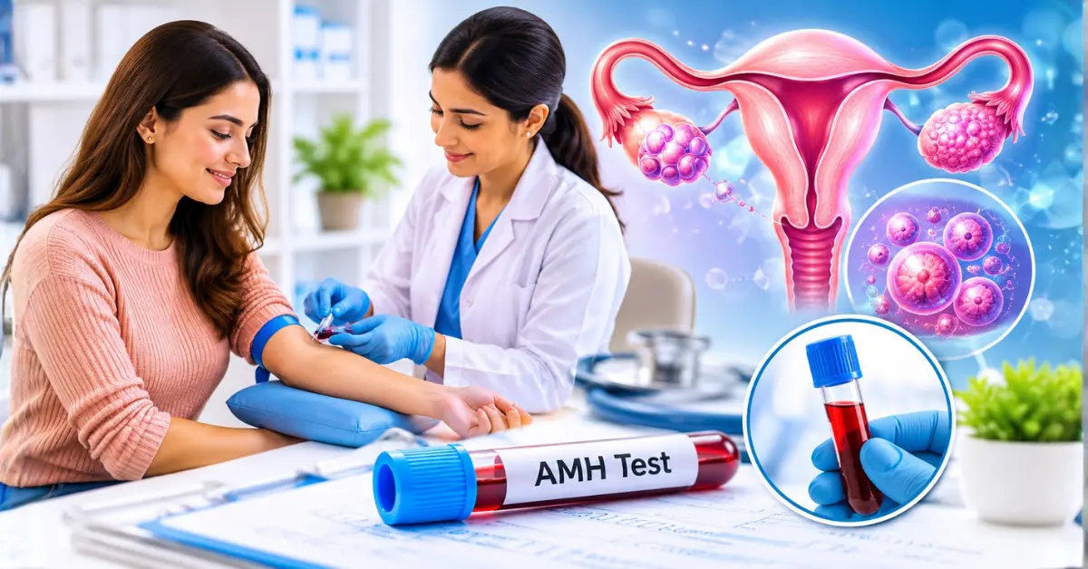 Woman consulting a fertility specialist about an AMH test, with a blood sample tube and ovarian reserve illustration representing fertility assessment and reproductive health