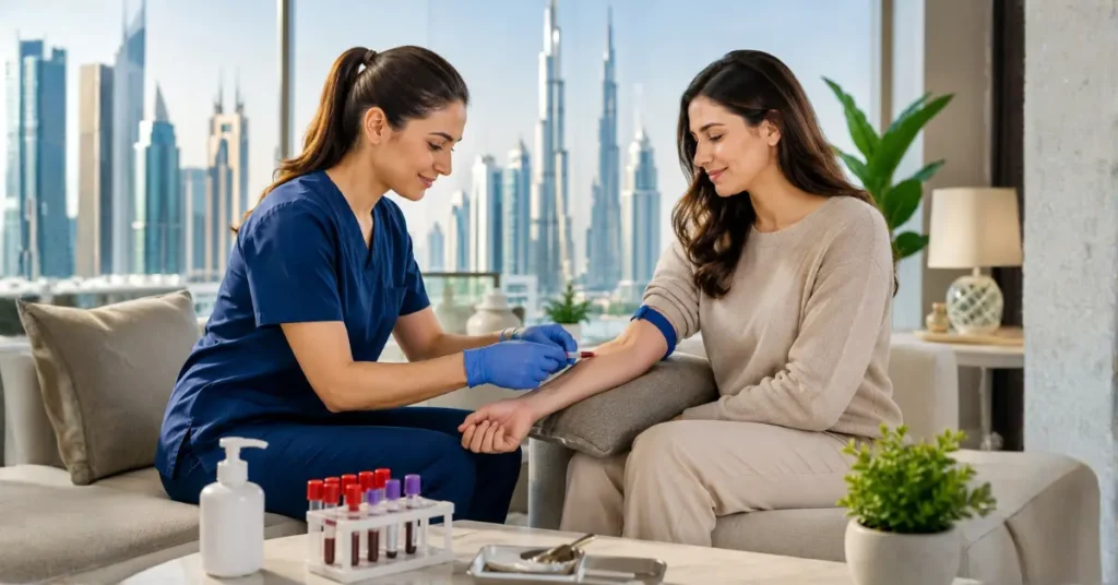 At-home blood test service in Dubai with a healthcare professional collecting a blood sample from a patient in a comfortable home environment overlooking the Dubai skyline.