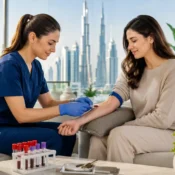 At-home blood test service in Dubai with a healthcare professional collecting a blood sample from a patient in a comfortable home environment overlooking the Dubai skyline.