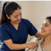 A DHA licensed nurse taking care of a cerebral palsy patient at her home