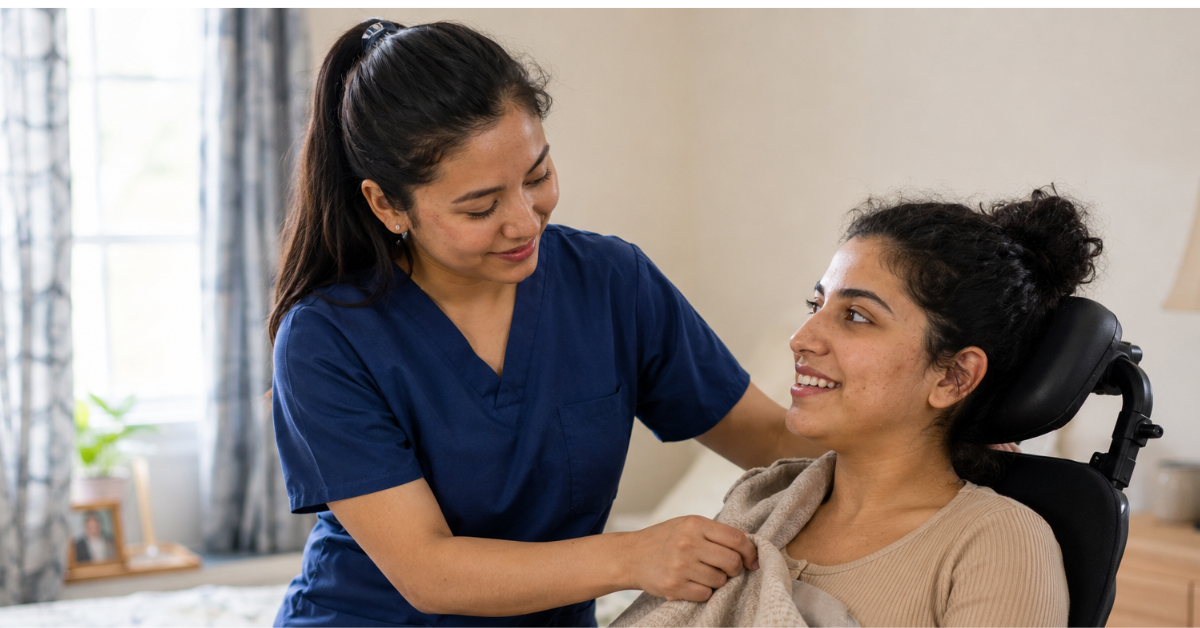 A DHA licensed nurse taking care of a cerebral palsy patient at her home