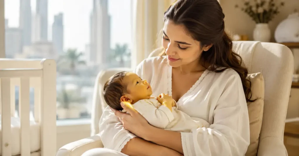 A mother lovingly holds her newborn baby in a bright, elegant nursery filled with soft natural sunlight. The infant has a subtle yellow skin tone consistent with mild newborn jaundice, while the mother looks calm and reassured. The warm home setting creates a comforting atmosphere that reflects newborn care, parental support, and early infant wellness.