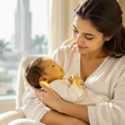 A mother lovingly holds her newborn baby in a bright, elegant nursery filled with soft natural sunlight. The infant has a subtle yellow skin tone consistent with mild newborn jaundice, while the mother looks calm and reassured. The warm home setting creates a comforting atmosphere that reflects newborn care, parental support, and early infant wellness.