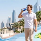 Person drinking water outdoors in Dubai with fresh fruits and a reusable water bottle, representing healthy hydration habits in Dubai's hot climate.
