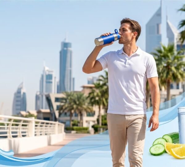 Person drinking water outdoors in Dubai with fresh fruits and a reusable water bottle, representing healthy hydration habits in Dubai's hot climate.