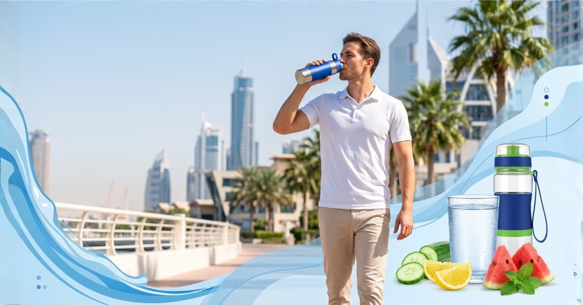 Person drinking water outdoors in Dubai with fresh fruits and a reusable water bottle, representing healthy hydration habits in Dubai's hot climate.