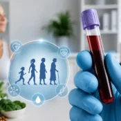 Blood sample tube representing biological age testing with healthy lifestyle elements and modern medical laboratory background.