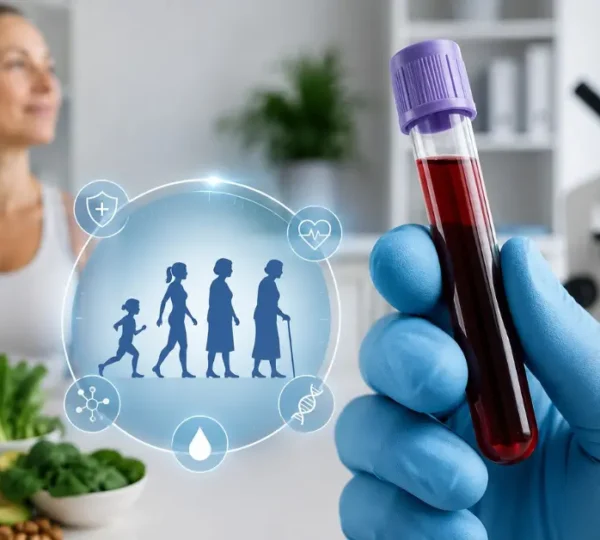 Blood sample tube representing biological age testing with healthy lifestyle elements and modern medical laboratory background.