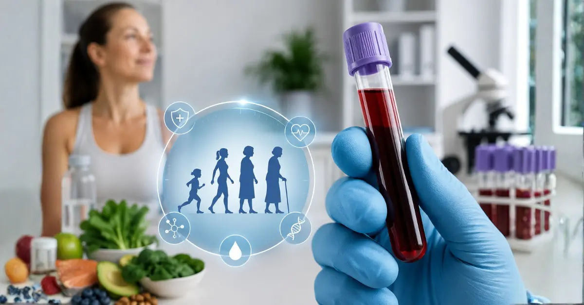 Blood sample tube representing biological age testing with healthy lifestyle elements and modern medical laboratory background.