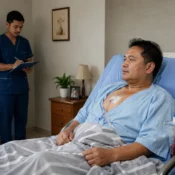 A licensed male Nepali nurse stands in the corner of a patient's room documenting observations while monitoring the recovery of a 50-year-old man after chest surgery. The patient rests comfortably in bed with a chest drain in place, illustrating professional post-operative nursing care in a home healthcare setting.