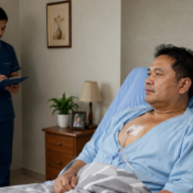 A licensed male Nepali nurse stands in the corner of a patient's room documenting observations while monitoring the recovery of a 50-year-old man after chest surgery. The patient rests comfortably in bed with a chest drain in place, illustrating professional post-operative nursing care in a home healthcare setting.