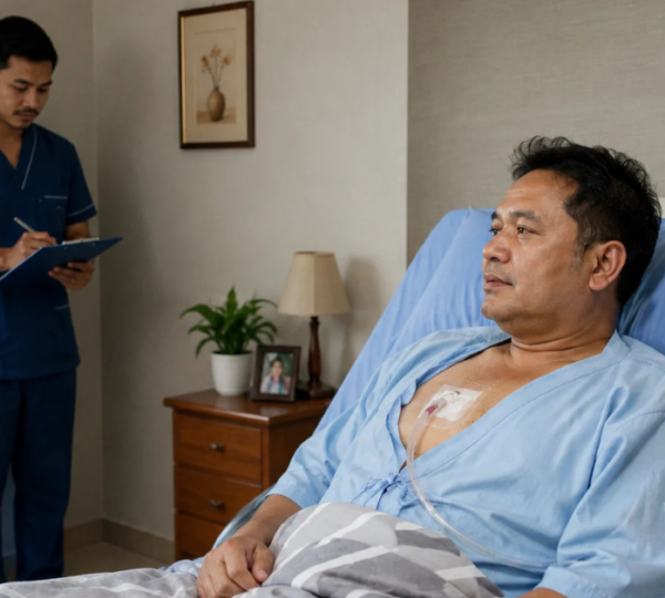A licensed male Nepali nurse stands in the corner of a patient's room documenting observations while monitoring the recovery of a 50-year-old man after chest surgery. The patient rests comfortably in bed with a chest drain in place, illustrating professional post-operative nursing care in a home healthcare setting.