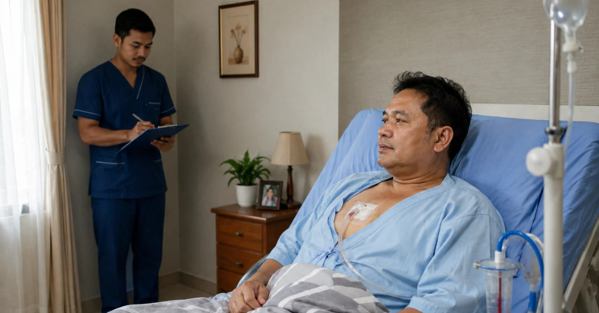 A licensed male Nepali nurse stands in the corner of a patient's room documenting observations while monitoring the recovery of a 50-year-old man after chest surgery. The patient rests comfortably in bed with a chest drain in place, illustrating professional post-operative nursing care in a home healthcare setting.