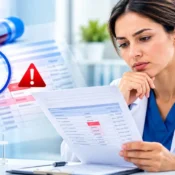 Doctor reviewing a blood test report with abnormal results and red flags