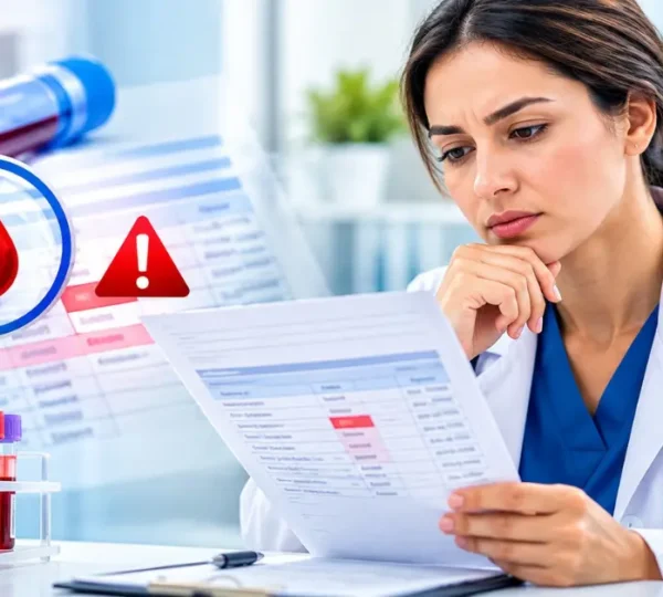 Doctor reviewing a blood test report with abnormal results and red flags