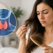 Woman examining hair shedding with a hairbrush beside an anatomical illustration of the thyroid gland, representing the possible connection between thyroid problems and hair loss.