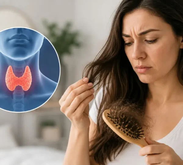 Woman examining hair shedding with a hairbrush beside an anatomical illustration of the thyroid gland, representing the possible connection between thyroid problems and hair loss.
