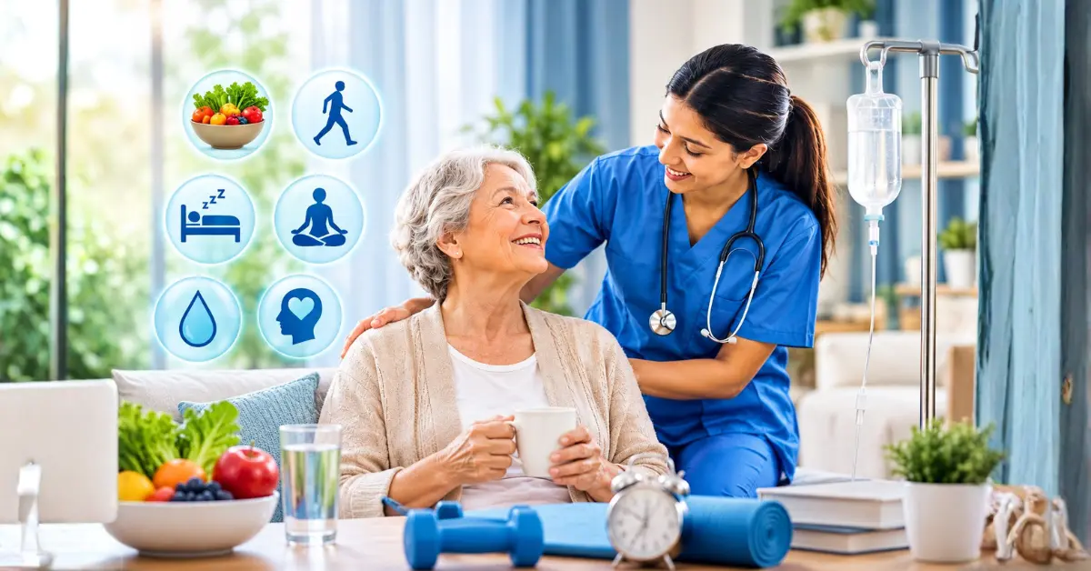 The Science of Aging Well – Healthy aging lifestyle choices with nutrition, exercise, sleep, hydration, mental wellness, and IV therapy support by JPR Home Health Care.