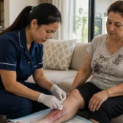 Young female Nepali nurse in a navy blue uniform providing professional home nursing at home for a 52-year-old Turkish woman with a venous leg ulcer inside her villa in Ajman, carefully performing a sterile wound dressing change using appropriate infection control procedures.