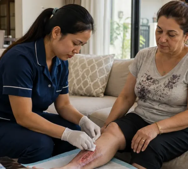 Young female Nepali nurse in a navy blue uniform providing professional home nursing at home for a 52-year-old Turkish woman with a venous leg ulcer inside her villa in Ajman, carefully performing a sterile wound dressing change using appropriate infection control procedures.