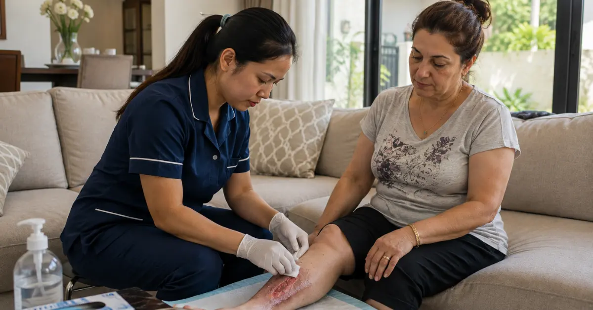 Young female Nepali nurse in a navy blue uniform providing professional home nursing at home for a 52-year-old Turkish woman with a venous leg ulcer inside her villa in Ajman, carefully performing a sterile wound dressing change using appropriate infection control procedures.
